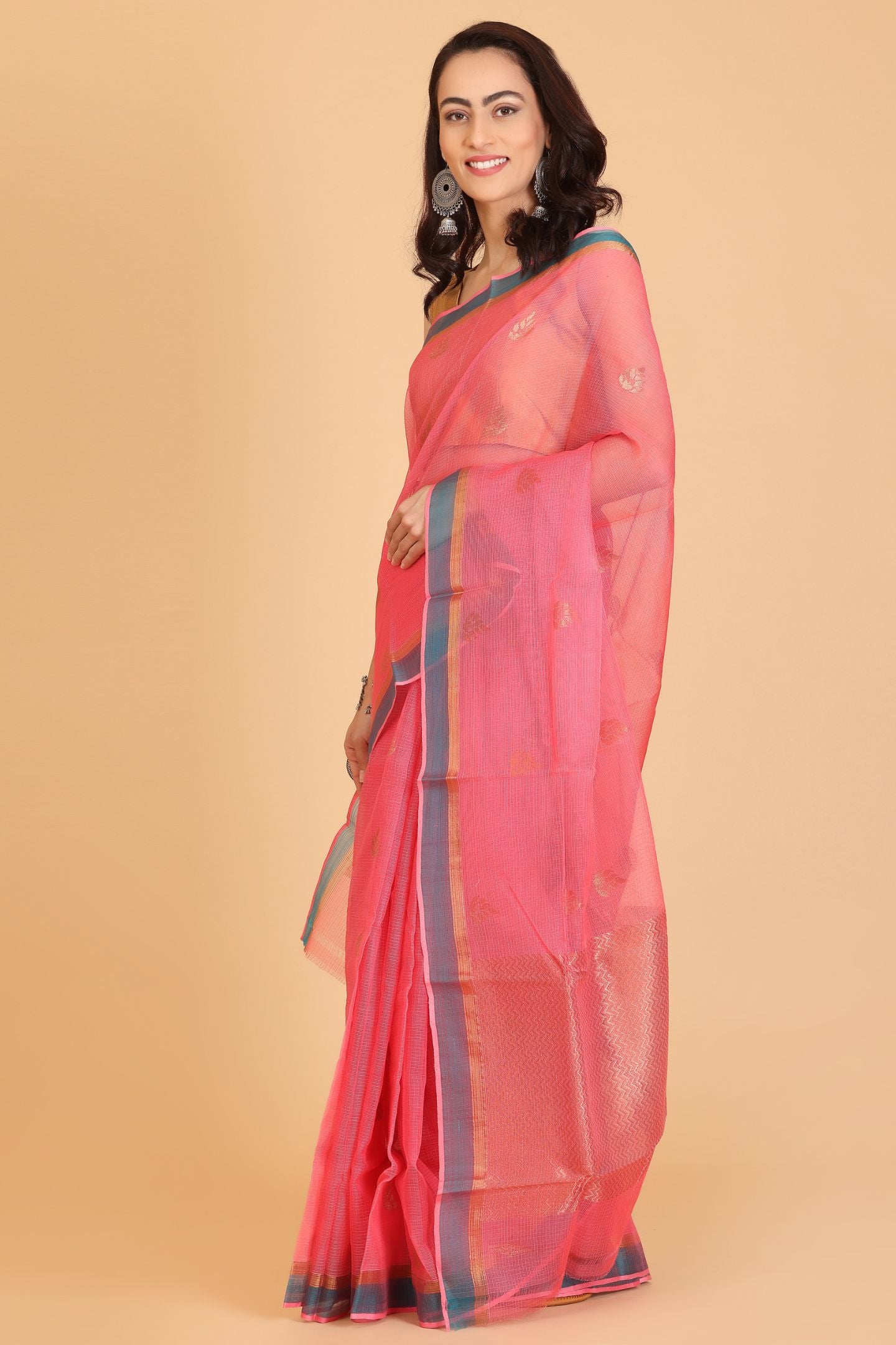 Red Handwoven Kota Doria Cotton Saree with Floral Art Motif