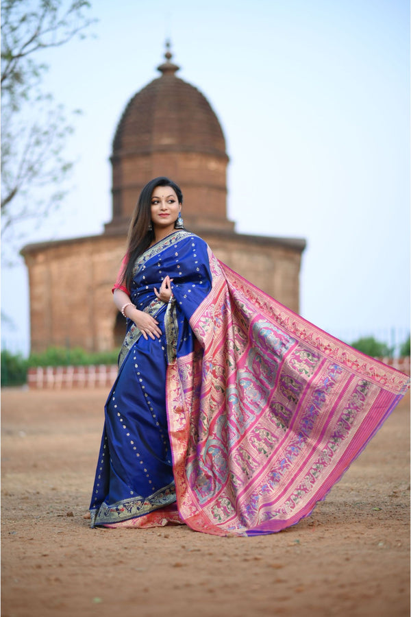 Navy Blue & Maroon 1000 Buti Triple Meena Baluchari Saree