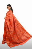 Gold Zari Orange Color Baluchari Saree with Temple Design