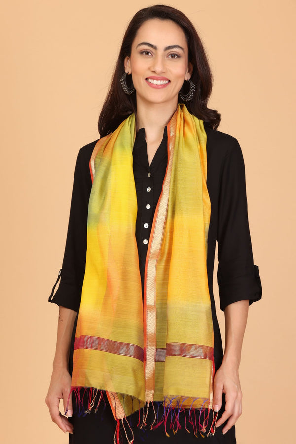Maheshwari Cotton and Silk Tai Dai Multicolor Stole with Zari Work