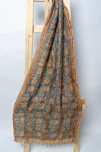 Handwoven Stole with Floral Motifs and Striped Borders in Earthy Tones