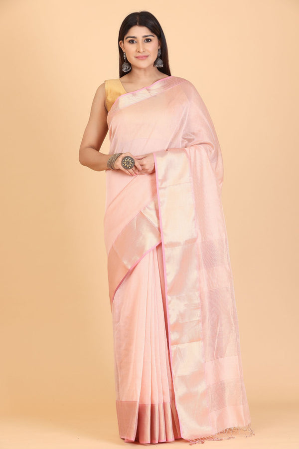 Light Pink Zari Line Tissue Pallu Maheshwari Saree