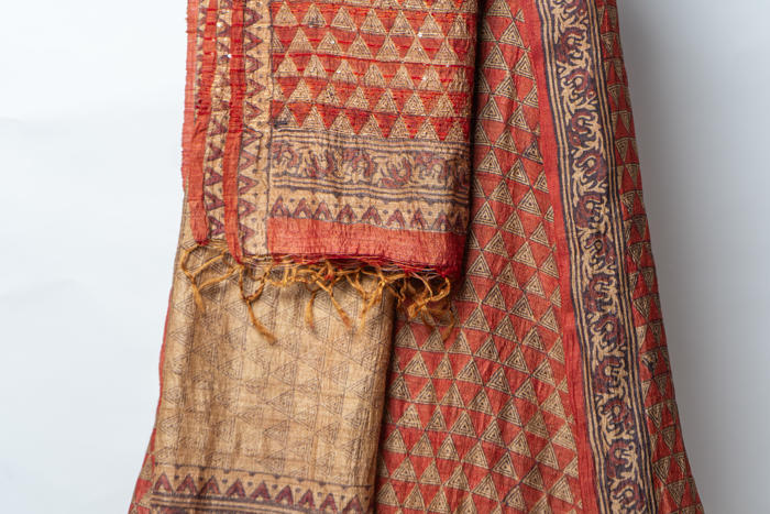 Geometric Block Printed Suit with Ornate Detailing and Elegant Handcrafted Dupatta