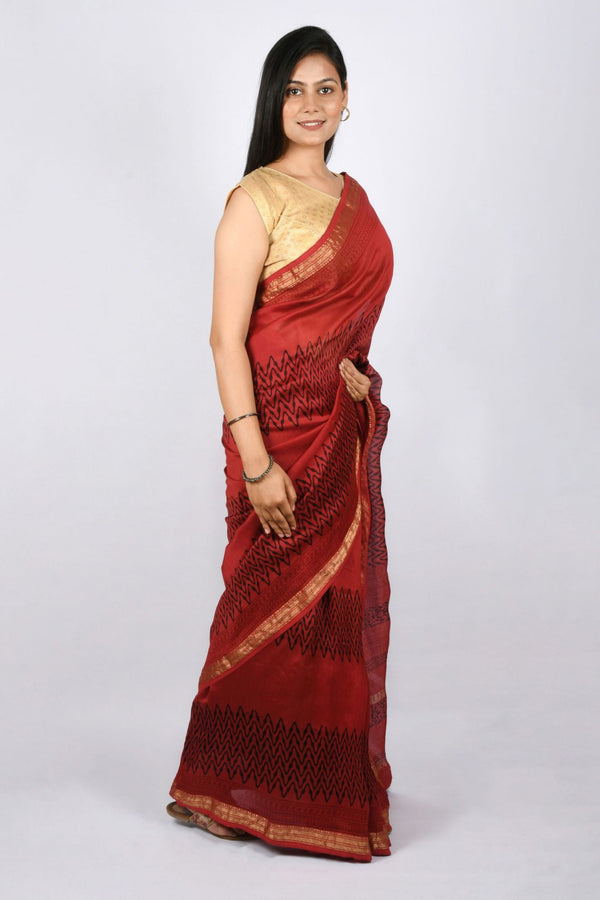 Maheshwari Bagh Print Dark Pastel Red Cotton & Silk Handloom Saree