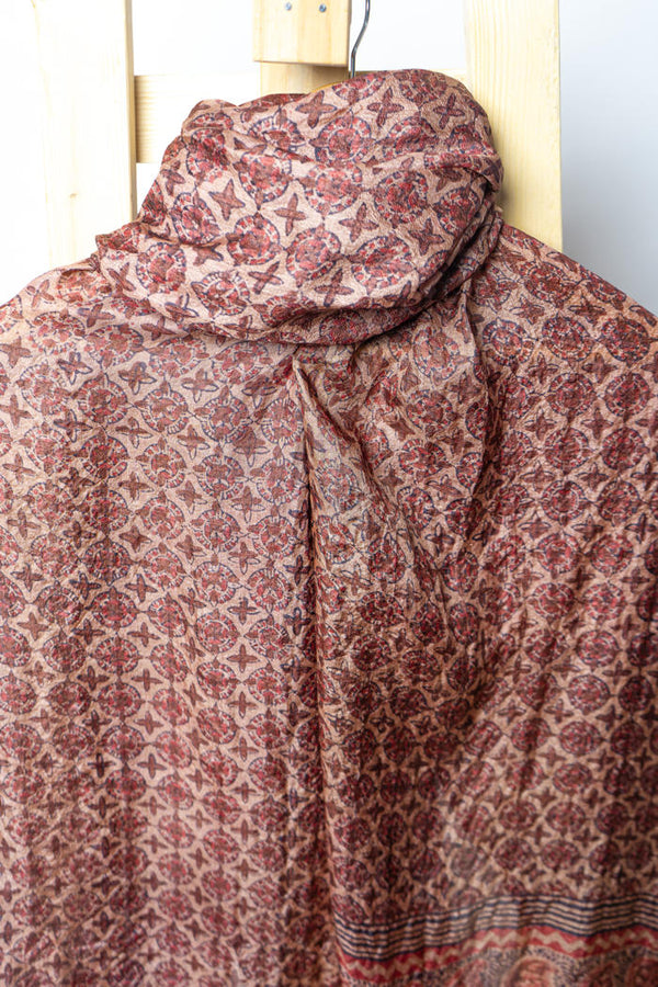 Handwoven Stole with Floral Motifs, Natural Dyes, and Traditional Striped Borders