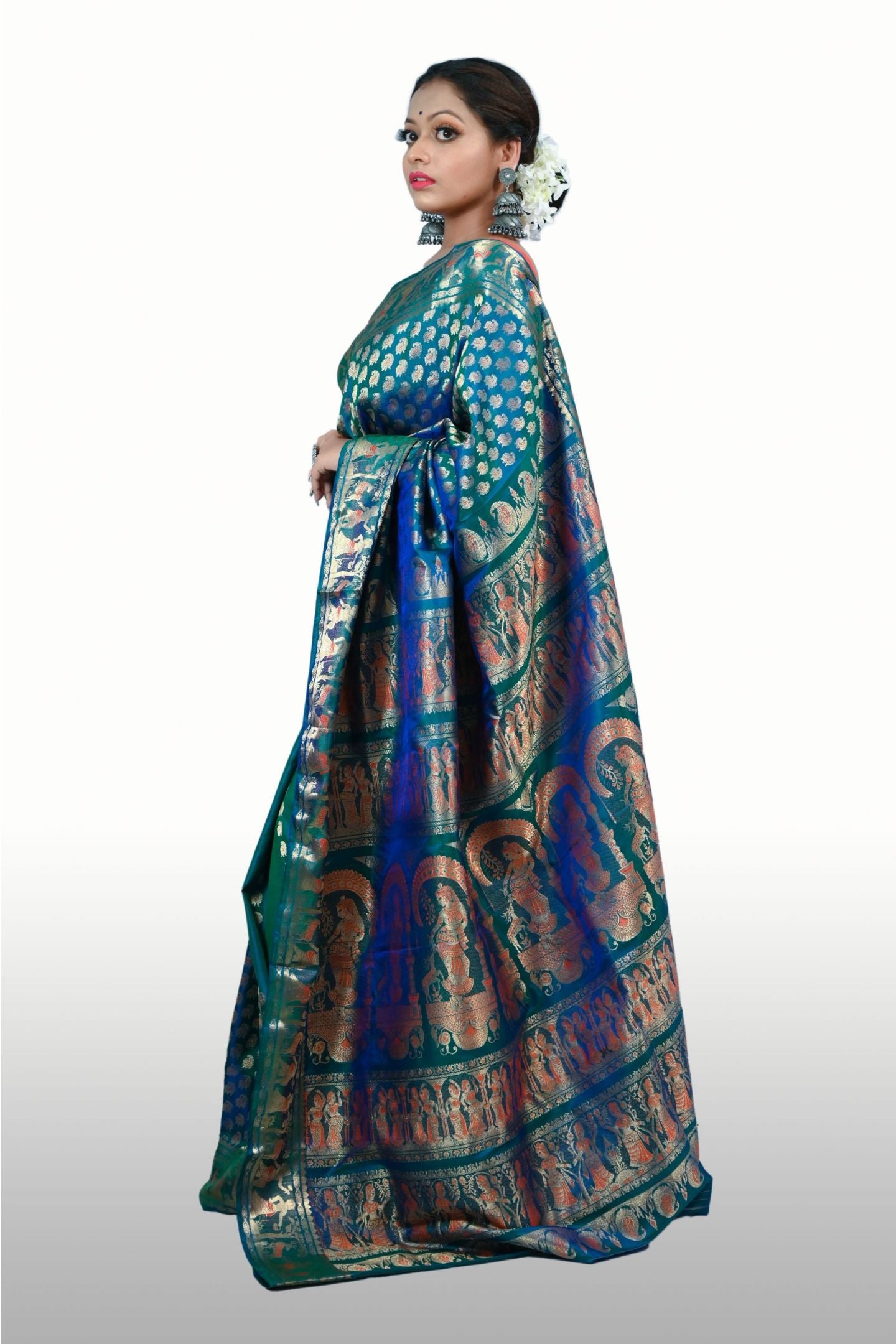 Gold Zari and Silk Temple Design Baluchari Saree