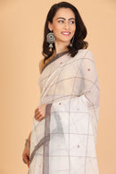 White Handwoven Kota Doria Cotton Saree with Small Grey Buti