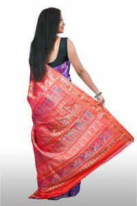 Royal Blue and Orange Handwoven Silk Baluchari saree with Blouse Piece