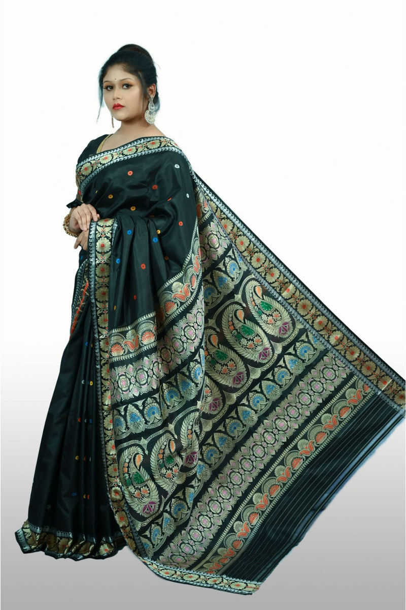 Black Baluchari Saree Without Figure Golani Buti Floral Motif Design
