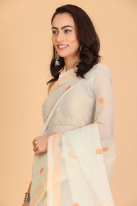 Light Green Handwoven Kota Doria Cotton Saree with Floral Art Motif