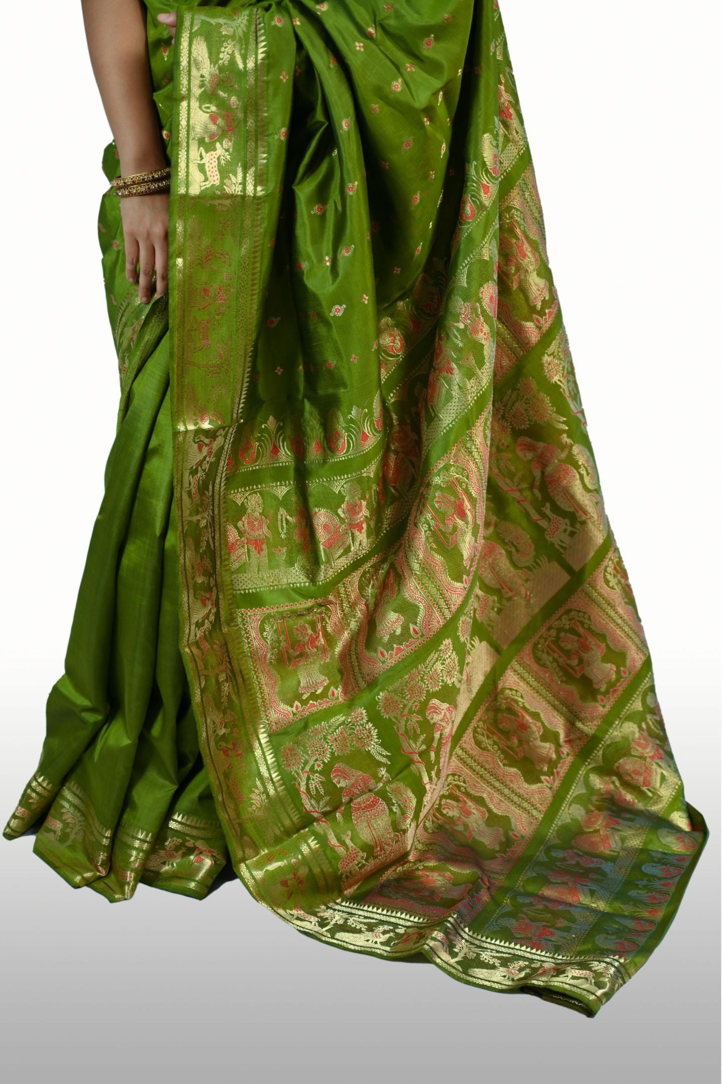 Gold Zari 1000 Buti Green Baluchari Saree Including Blouse Piece