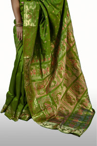 Gold Zari 1000 Buti Green Baluchari Saree Including Blouse Piece