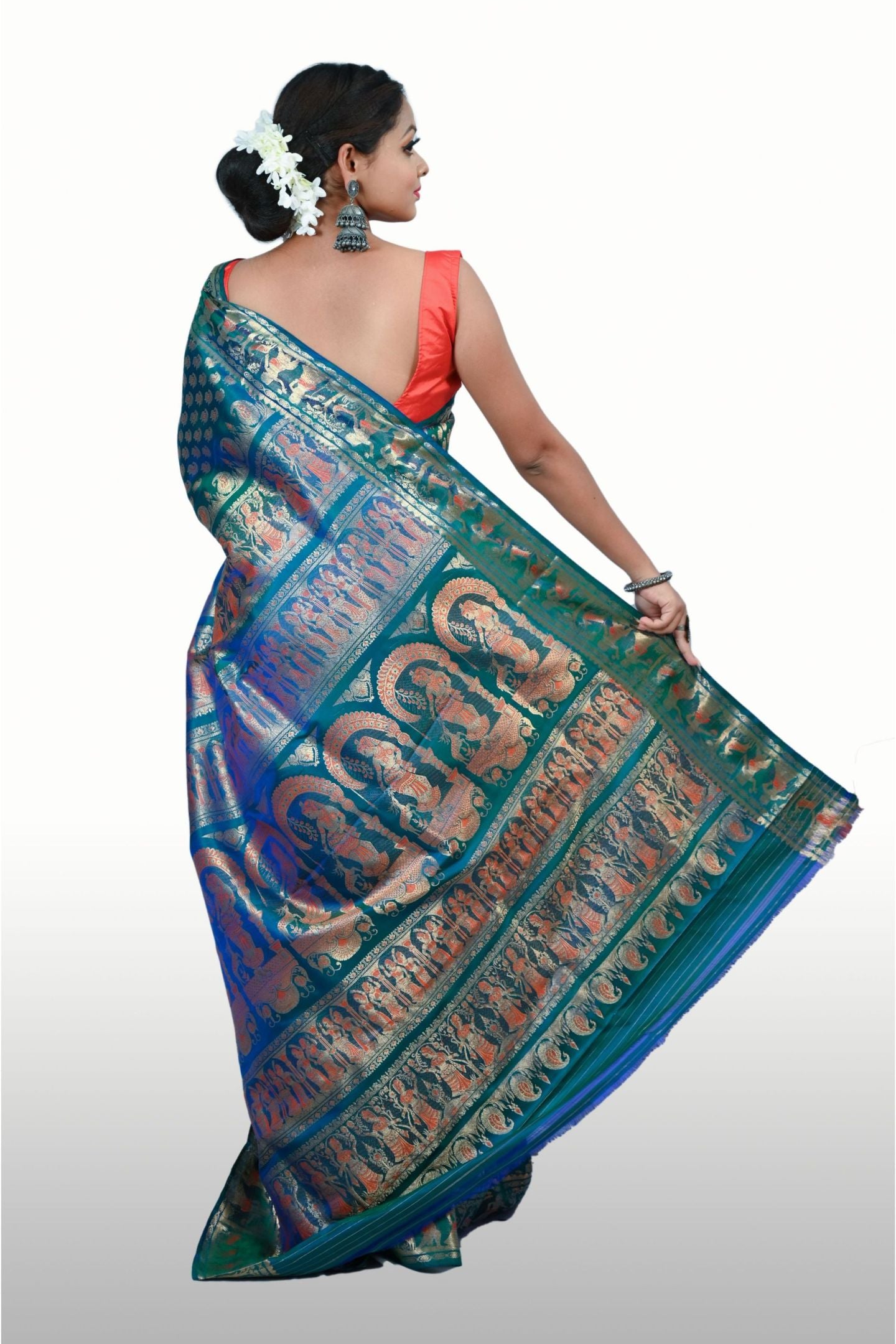 Gold Zari and Silk Temple Design Baluchari Saree