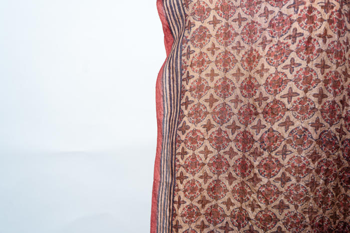 Handwoven Stole with Floral Motifs, Natural Dyes, and Traditional Striped Borders