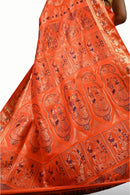 Gold Zari Orange Color Baluchari Saree with Temple Design