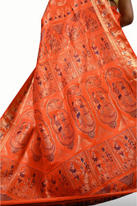 Gold Zari Orange Color Baluchari Saree with Temple Design