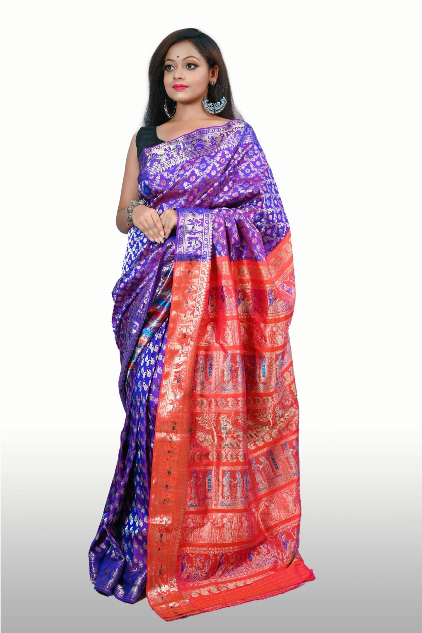 Royal Blue and Orange Handwoven Silk Baluchari saree with Blouse Piece