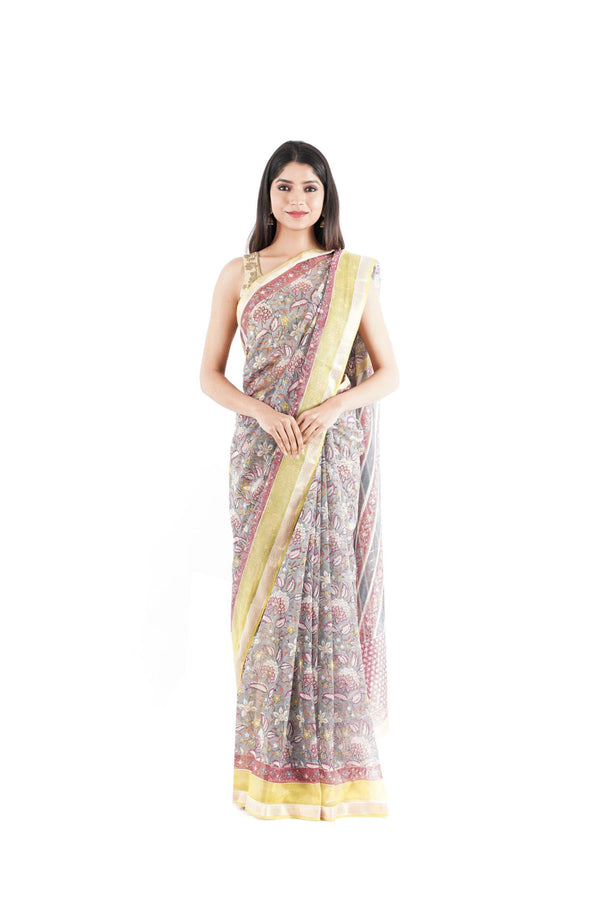 Light gray and pink floral handblock printed Maheshwari saree with thick lime color border with thin gold zari