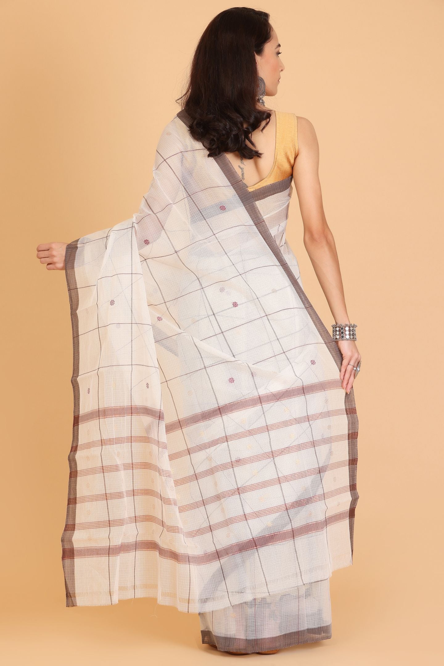 White Handwoven Kota Doria Cotton Saree with Small Grey Buti