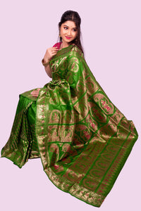 Beautiful Olive Green Baluchari Saree with Gold Zari Buti & Mythological Motifs