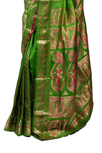 Beautiful Olive Green Baluchari Saree with Gold Zari Buti & Mythological Motifs