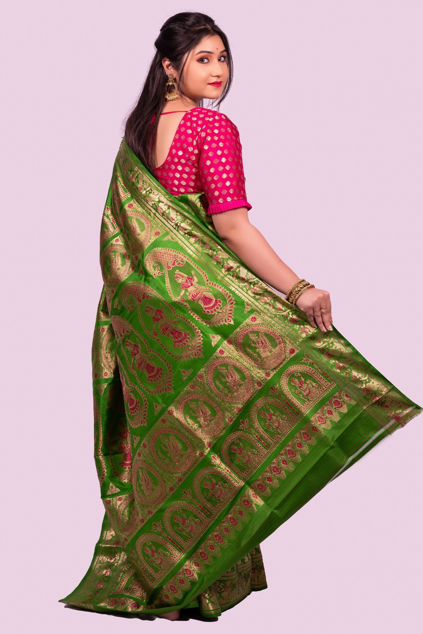 Beautiful Olive Green Baluchari Saree with Gold Zari Buti & Mythological Motifs