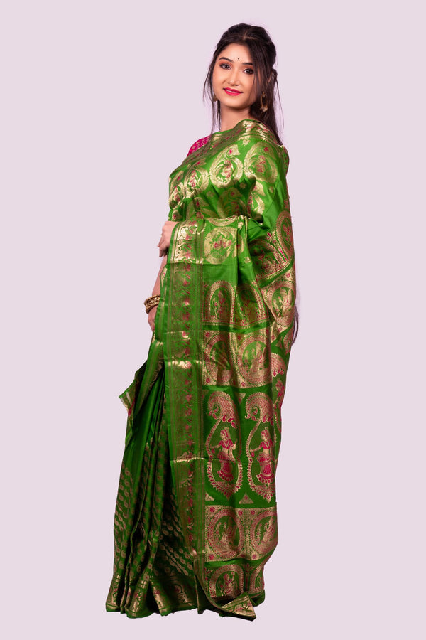 Beautiful Olive Green Baluchari Saree with Gold Zari Buti & Mythological Motifs