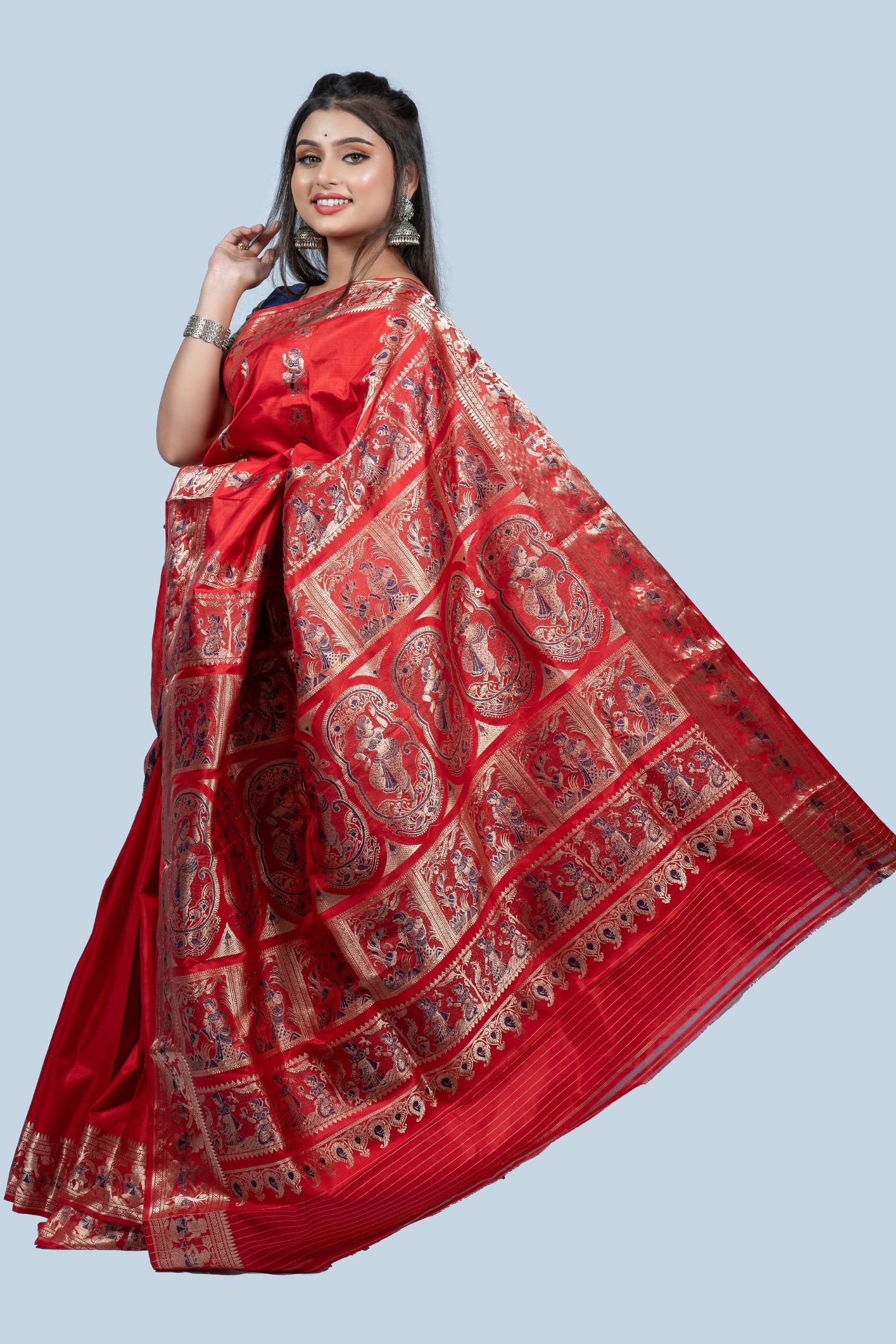 Beautiful Red Baluchari Saree with Gold Zari Mythological Figure Motifs