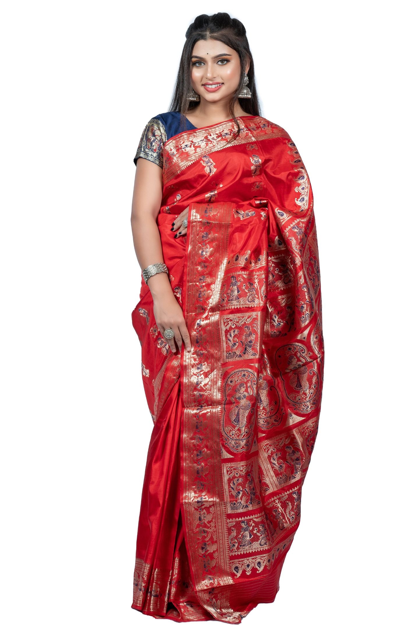 Beautiful Red Baluchari Saree with Gold Zari Mythological Figure Motifs