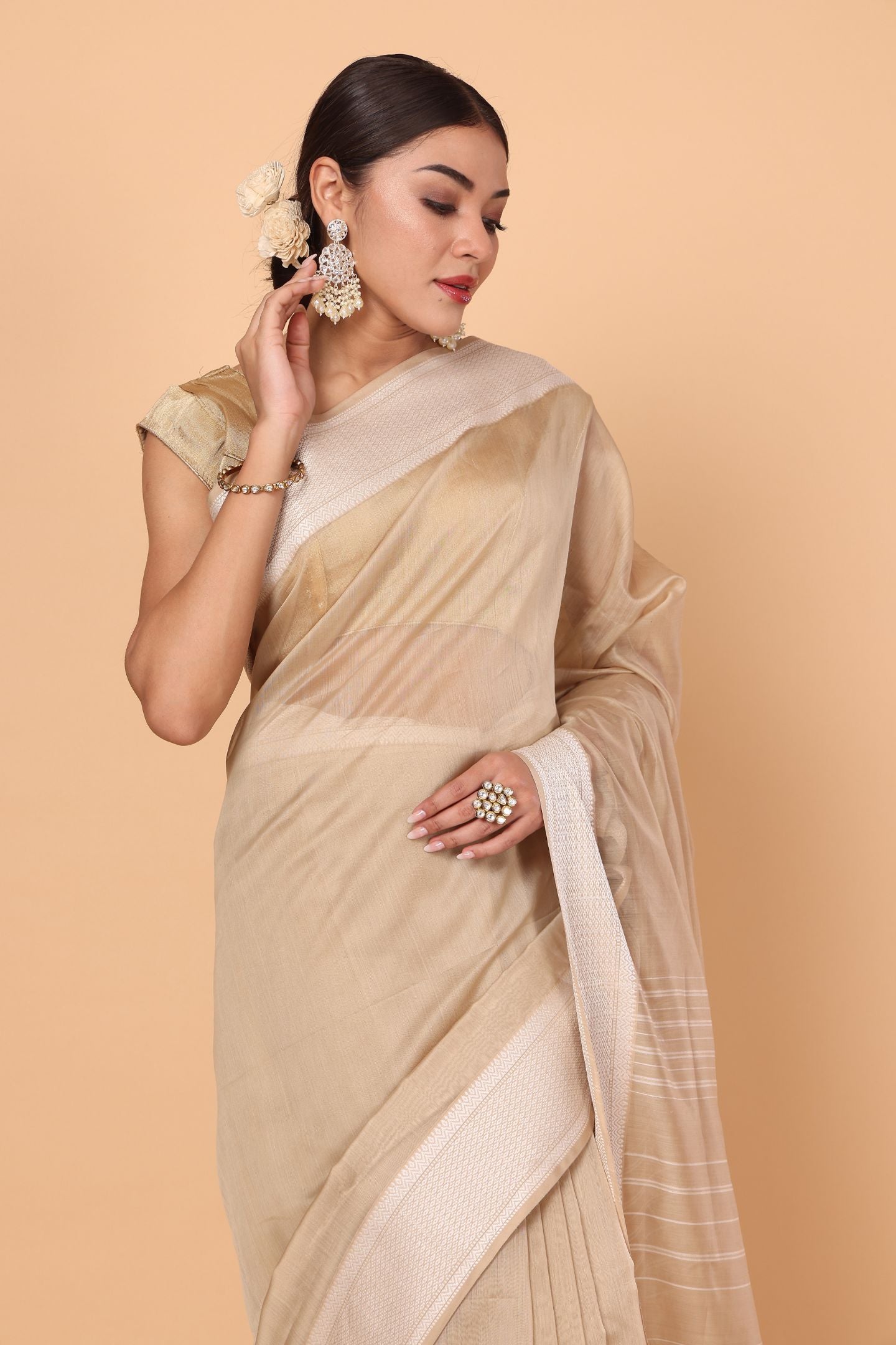 Dark Biege Starry Twilight Cotton and Silk Maheshwari Handloom Saree