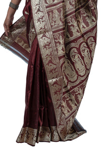 Dark Maroon Resham Baluchari Saree with Mythological Figures
