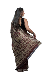 Dark Maroon Resham Baluchari Saree with Mythological Figures