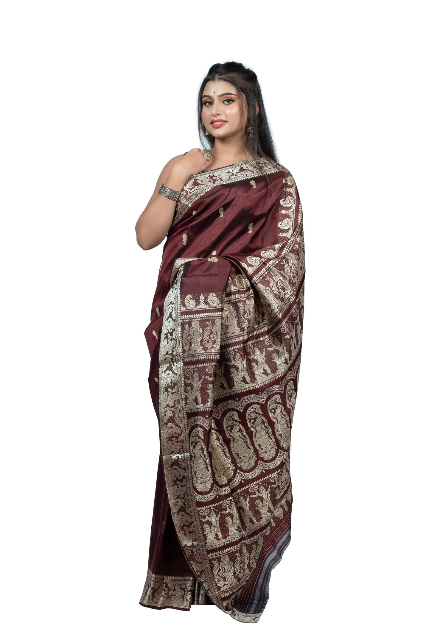 Dark Maroon Resham Baluchari Saree with Mythological Figures