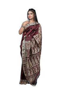 Dark Maroon Resham Baluchari Saree with Mythological Figures
