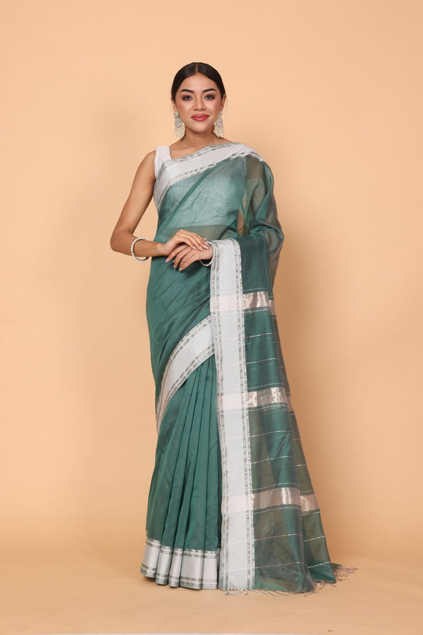 Emerald Blossom Green Cotton and Silk Maheshwari Handloom Saree