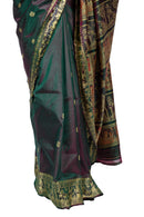 Enchanting Pastel Green Golani Buti Baluchari Saree with Gold Zari Mythological Figures and Graceful Green Hue