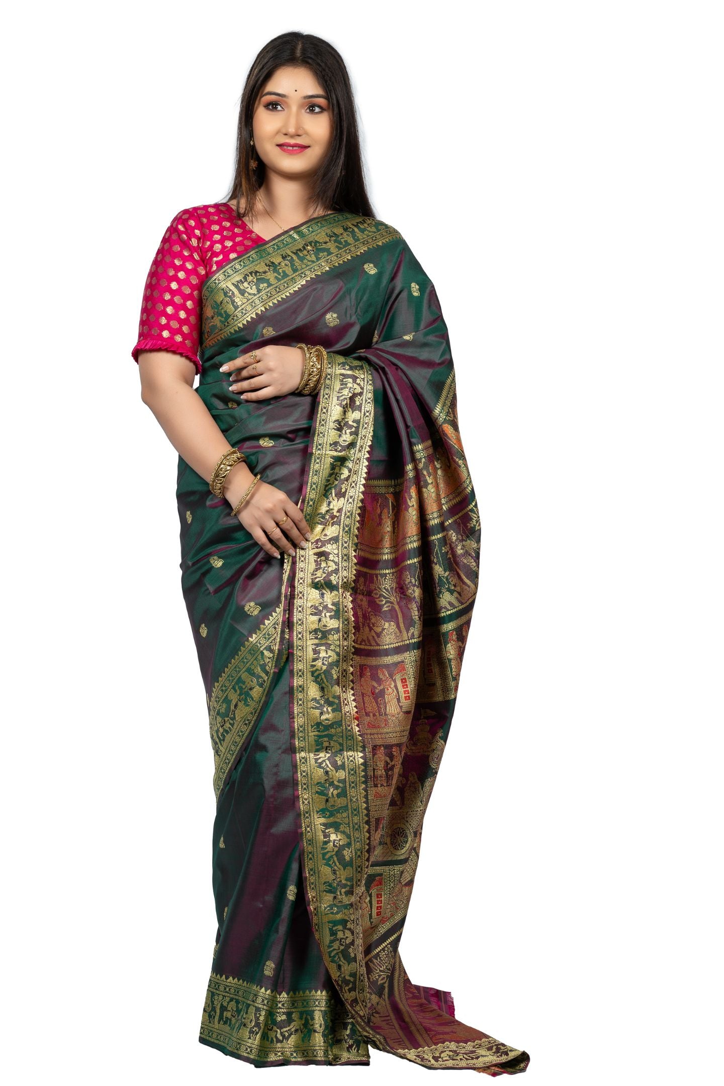 Enchanting Pastel Green Golani Buti Baluchari Saree with Gold Zari Mythological Figures and Graceful Green Hue