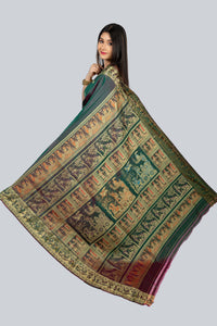 Enchanting Pastel Green Golani Buti Baluchari Saree with Gold Zari Mythological Figures and Graceful Green Hue