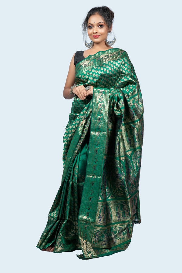 Exquisite Green Baluchari Saree with Gold Zari Buti & Mythological Motifs