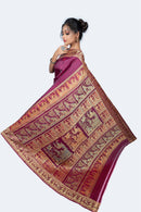 Exquisite Plum Golani Buti Baluchari Saree with Gold Zari Mythological Figures and Elegant Red Hue