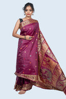 Exquisite Plum Golani Buti Baluchari Saree with Gold Zari Mythological Figures and Elegant Red Hue