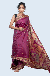 Exquisite Plum Golani Buti Baluchari Saree with Gold Zari Mythological Figures and Elegant Red Hue