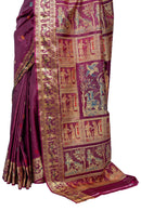 Exquisite Plum Golani Buti Baluchari Saree with Gold Zari Mythological Figures and Elegant Red Hue
