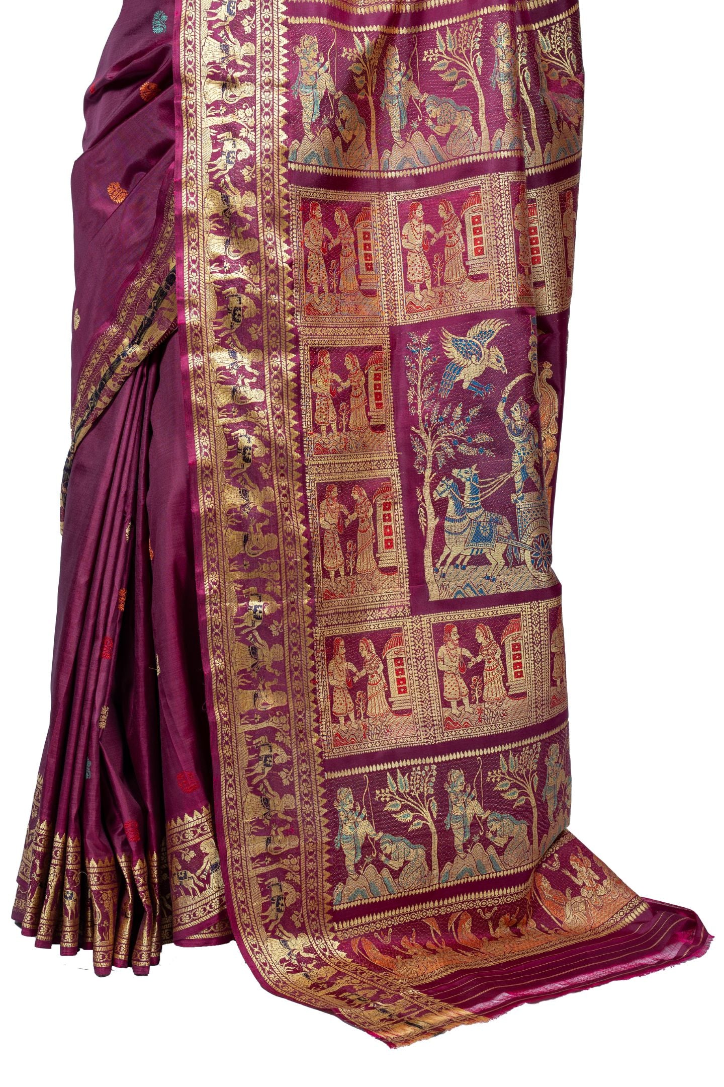 Exquisite Plum Golani Buti Baluchari Saree with Gold Zari Mythological Figures and Elegant Red Hue