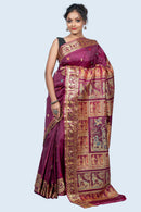 Exquisite Plum Golani Buti Baluchari Saree with Gold Zari Mythological Figures and Elegant Red Hue