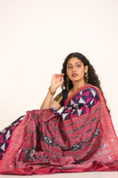 Geometric White and Pink Pattern Handloom Ikat Silk Saree