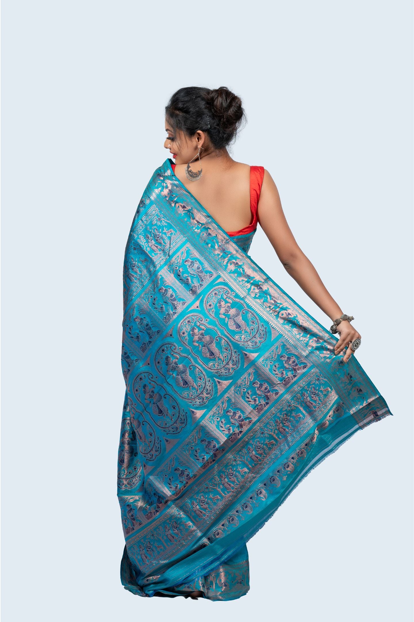 Gold Zari Firozi Meena Work Baluchari Saree with Mythological Figures