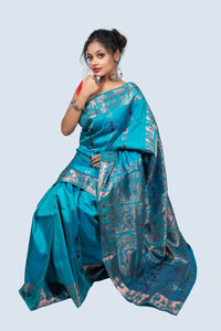 Gold Zari Firozi Meena Work Baluchari Saree with Mythological Figures