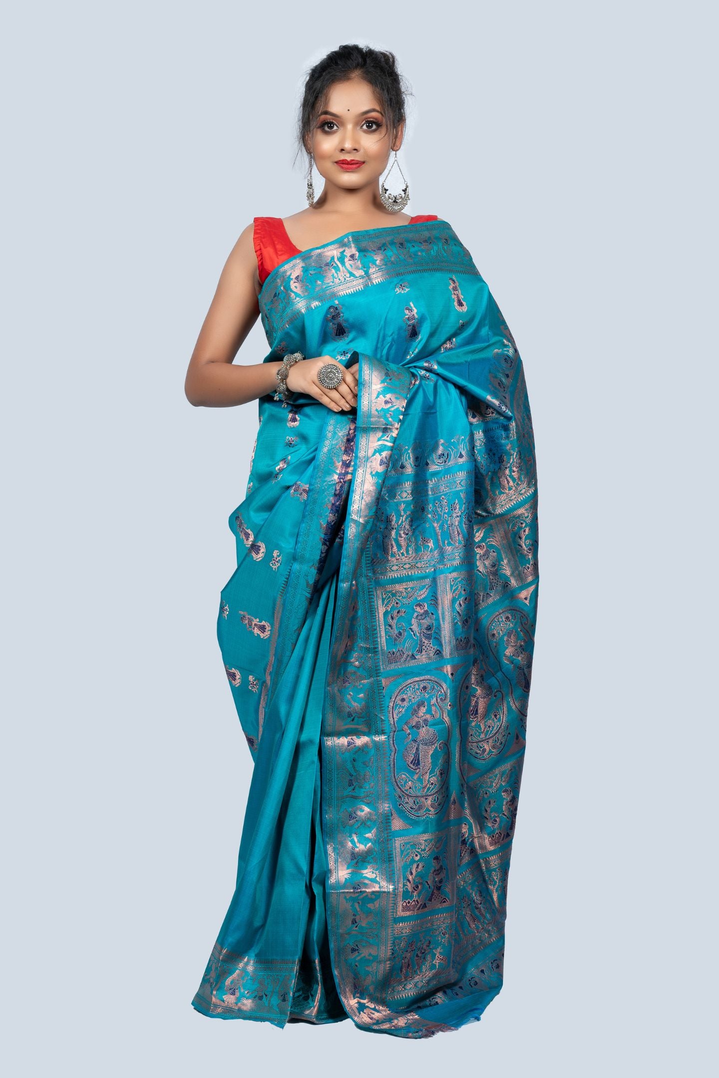 Gold Zari Firozi Meena Work Baluchari Saree with Mythological Figures