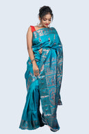 Gold Zari Firozi Meena Work Baluchari Saree with Mythological Figures